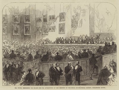 El Sr. Young describiendo su búsqueda del Dr. Livingstone en la reunión de la Royal Geographical Society, Burlington House de Sir John Charles Robinson